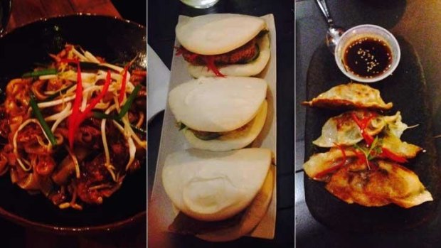 (left to right) The wok-charred baby octopus, the to-die-for Manitou pork buns and the Gyoza dumplings.