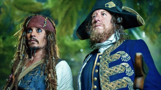 At least he won't have far to travel: Geoffrey Rush as Captain Barbossa, right, with Johnny Depp in <i>Pirates of the Caribbean</i>.