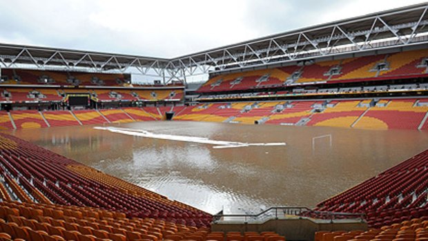 Suncorp Stadium is submerged as flood waters inundate Brisbane on January 12. Photo: AFP/Torsten Blackwood