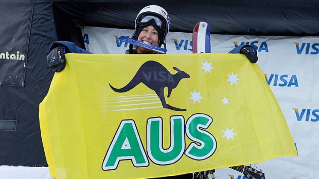 Australia's Anna Segal stands on the podium after placing third in the FIS Freestyle Ski World Cup ladies' slope style final at the US Grand Prix on Saturday.