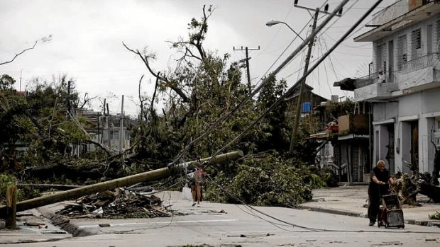 Destruction from Hurricane Sandy on a street in Santiago de Cuba