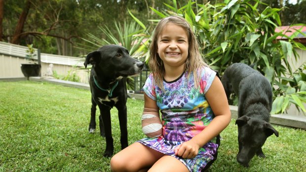 Thalia Standley, 8, with her dogs, Simba and Shadow.