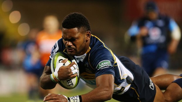 Henry Speight scores a try for the Brumbies on Friday night.