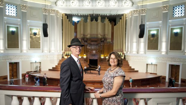 Scott MacArthur and Megan Jones of TKD Architects at the refurbished Brisbane City Hall.