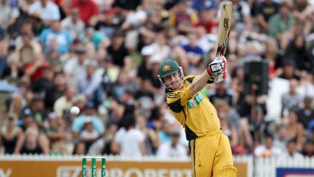 Brad Haddin pounds a boundary against the Kiwis today.