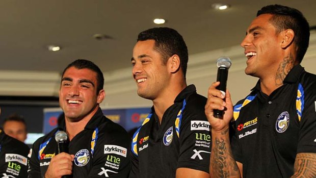 Follow the leaders ... Tim Mannah, Jarryd Hayne and Reni Maitua at the announcement on Friday that they will share the Parramatta captaincy duties this season.