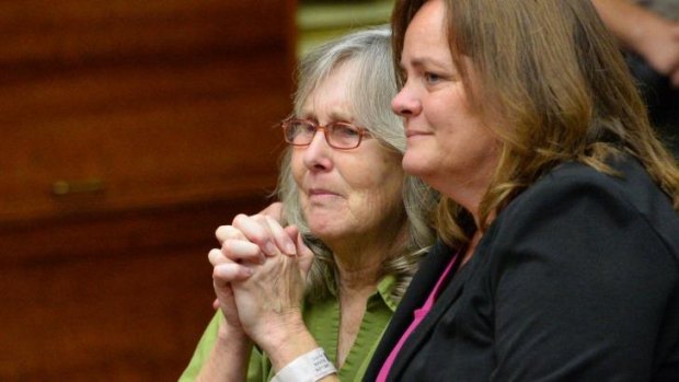 Susan Mellen, left, sits with her lawyer Deirdre O'Connor as she is exonerated of murder by Superior Court Judge Mark Arnold in Torrance, California on Friday.