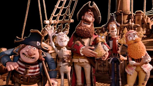 Boarding party &#8230; the Pirate Captain (voiced by Hugh Grant), second from right, and his cohorts.