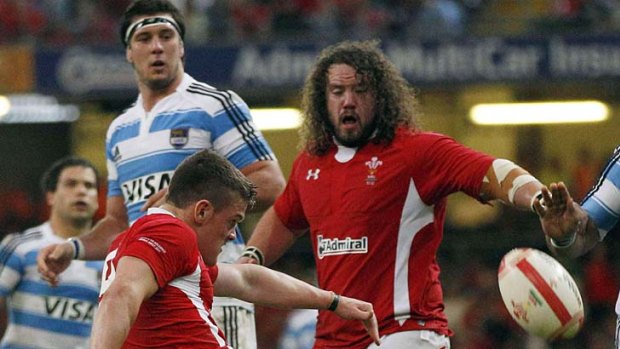 Wales halfback Tavis Knoyle clears the ball from the ruck.
