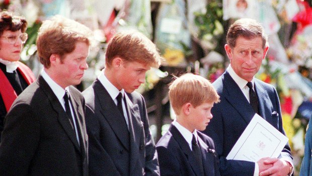 Earl Spencer, Princes William and Harry, and Prince Charles, at Diana's funeral.