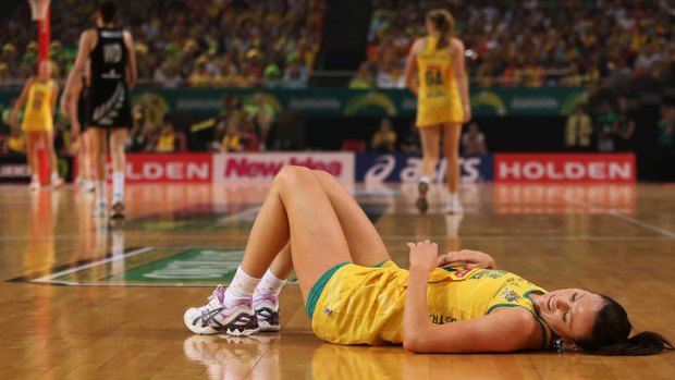 Natalie Von Bertouch lays on the court injured during the Quad Series match between the Australian Diamonds and the New Zealand Silver Ferns.