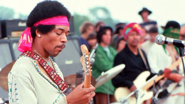 Jimi Hendrix on stage at the original Woodstock festival in Bethel, New York, August 1969.