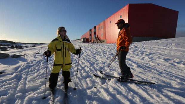 Arctic pursuit: Nicky Phillips tries Nordic skiing with Station Leader Anthony Hull.