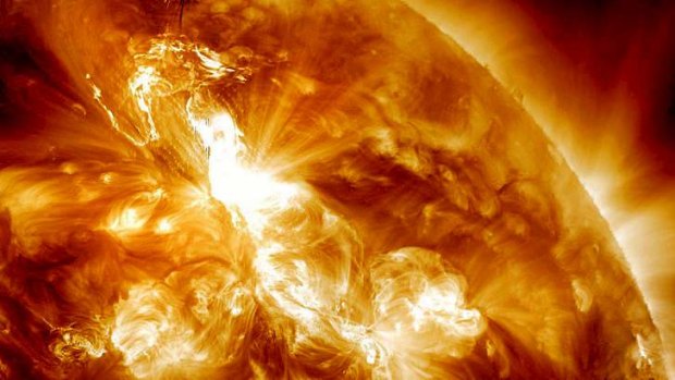 This January 23, 2012 image provided by NASA shows an M9-class solar flare erupting on the Sun's north-eastern hemisphere.