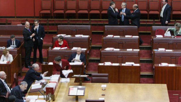 Room for doubt  ... the Minister for Climate Change, Penny Wong, bottom left, addresses  the Senate yesterday. Standing on the left are the  Liberal Eric Abetz and the Family First Senator  Steve Fielding and, at the rear, the Liberals Michael Ronaldson, Senator Nick Minchin and Stephen Parry, and the Nationals’ Barnaby Joyce, looking towards them.