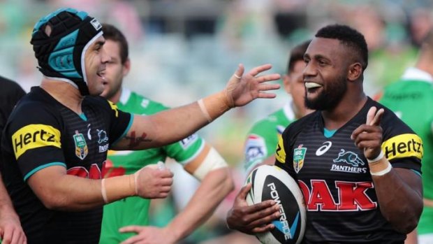 Livewire: Panthers hooker James Segeyaro is congratulated by Jamie Soward after scoring against Canberra.