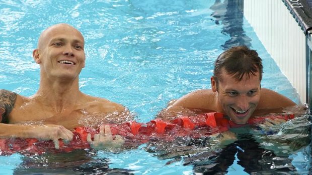 Back together ... Ian Thorpe and Michael Klim swam next to each other today.