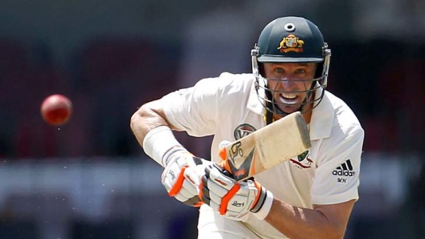 Turning back the clock: Michael Hussey on his way to a century against Sri Lanka yesterday.