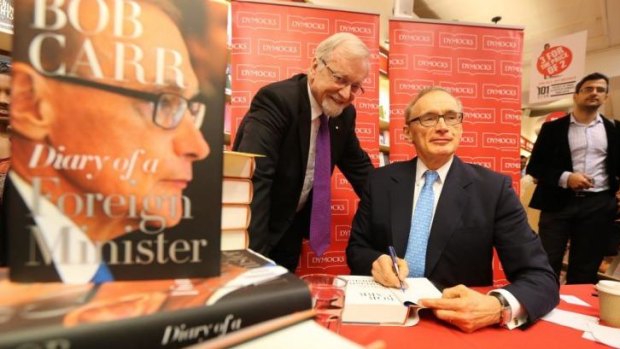 Former foreign ministers Gareth Evans and Bob Carr at the launch of Carr's book, Diary of a Foreign Minister.