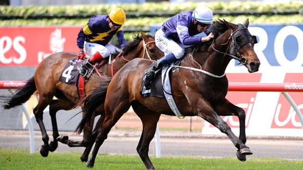 Away from home: Hugh Bowman kicks clear on Mourayan in yesterday's win at Flemington.