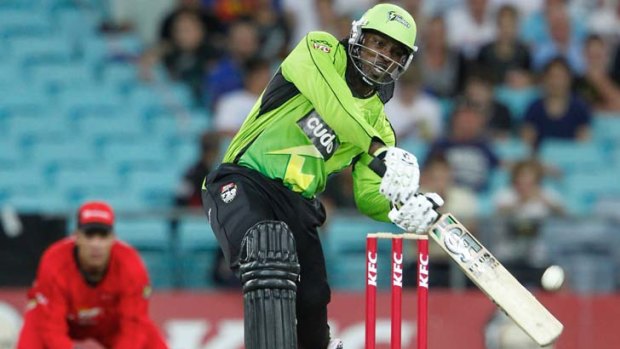 Opening up ... Sydney Thunder's Chris Gayle on his way to 75 last night. He and Tim Cruickshank shared a stand of 59, but it wasn't enough.