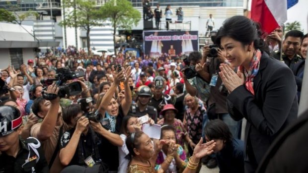 Thai Prime Minister Yingluck Shinawatra says goodbye to her supporters in Bangkok.