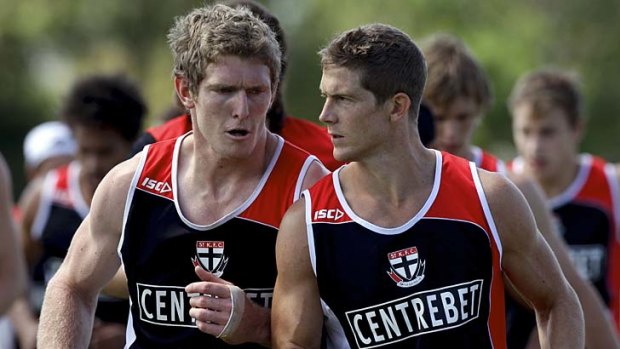 St Kilda's Ben McEvoy and Nick Dal Santo during a drill at the Saints training session at their old headquarters in Moorrabbin.