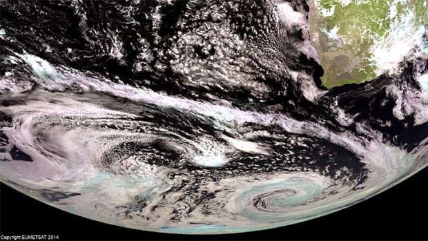 A EUMETSAT satellite image shows a late summer storm swirling along the northern coast of Antarctica on March 5.