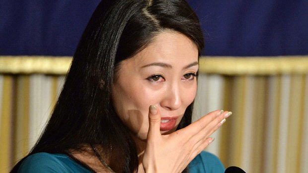 Ikumi Yoshimatsu becomes emotional at the press conference yesterday.