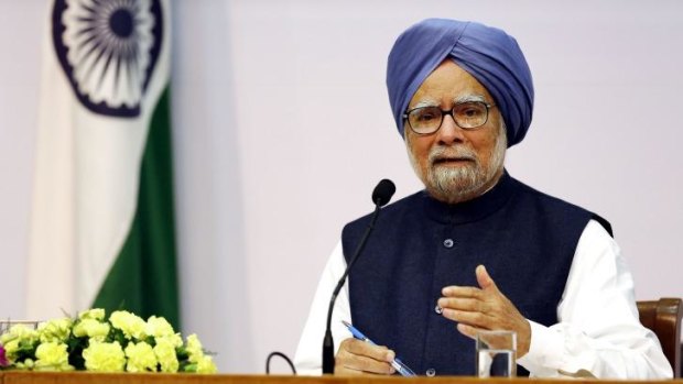 Indian Prime Minister Manmohan Singh announces that he will step down after elections this year at a press conference in New Delhi.  