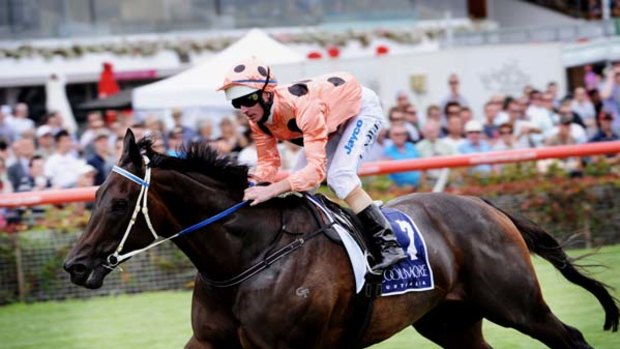 Equine machine ... mighty mare Black Caviar canters to victory at Flemington yesterday, leaving star sprinter Hay List in her wake in the Lightning Stakes.