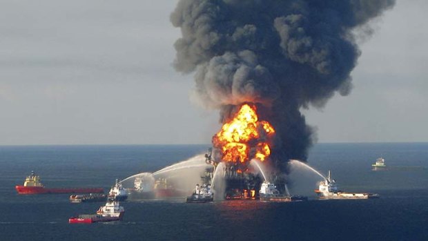Fire boat response crews battle the blazing remnants of the offshore oil rig Deepwater Horizon in 2010.