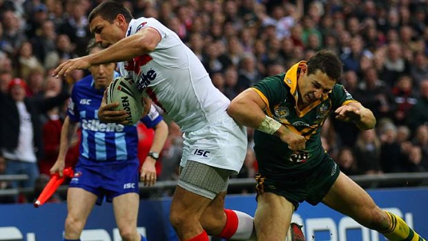 Billy Slater iinjures his shoulder representing Australia in the Four Nations in 2011.