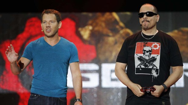 Epic Games design director Cliff Bleszinski, left, and actor Ice-T introduce Gears of War 3.