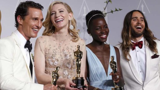 Oscar winners (L-R) best actor winner Matthew McConaughey, best actress winner Cate Blanchett, best supporting actress winner Lupita Nyong'o and best supporting actor winner Jared Leto.