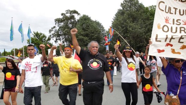 Michael Anderson (centre), co-founder of the Aboriginal Tent Embassy.