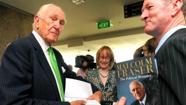 At the March launch of his political memoirs, Malcolm Fraser remained silent about having quit the Liberal Party.