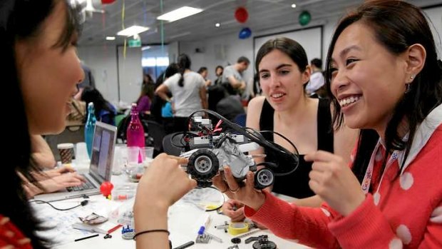 Plugging the braindrain: Tiffany Leung, Georgina Wilcox and Angela Lui, finalists in this year's Anita Borg Memorial Scholarship, at a Google robot workshop.