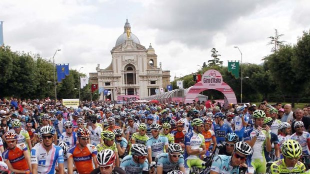 Ready, set &#8230; riders wait at the start of the 255-kilometre stage 11 of the Giro d'Italia, which took them from Assisi to Montecatini Terme on Wednesday.