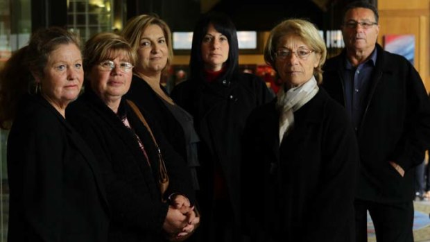 Victims ... Liz, left, Sophia Patsiouras, Denise Kekatos, Anna Papoutsis, Irene Zakis and Stephen Zakis outside court.