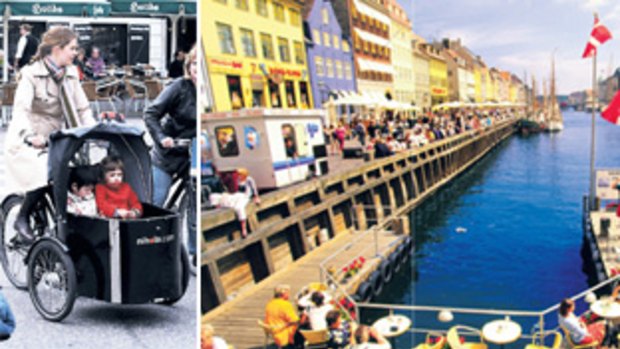 Life cycle ... (from left) about 36 per cent of Copenhagen’s population rides daily; the harbourside Nyhavn district.