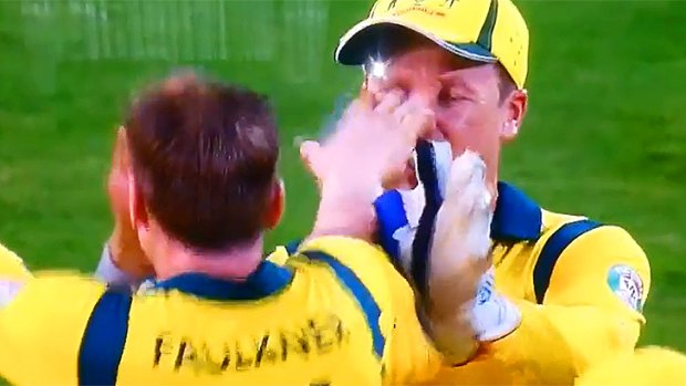 The eye line: James Faulkner pokes Brad Haddin in the eye after missing with a high five.