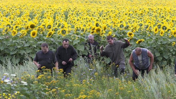 Ukrainian coal miners search the site of a crashed Malaysia Airlines passenger plane near the village of Rozsypne, Ukraine.