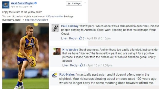 Some of the feedback on the Eagles' Facebook page over its use of the term 'yellow peril'.