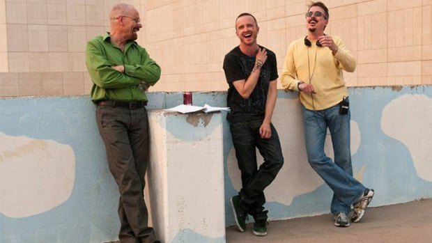 <i>Breaking Bad</i>'s Vince Gilligan (far right) with actors Bryan Cranston and Aaron Paul.