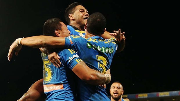 Resurgence: Parramatta celebrate their upset win over the NRL premiers, the Sydney Roosters last weekend.