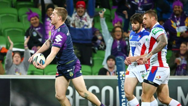 Storm fullback Cameron Munster returns the favour, crossing over the line minutes later at AAMI Park.
