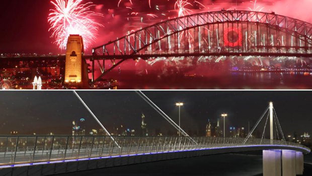Is there a contest? An artist's impression of what the West Gate Bridge would look like lit up with lights - compared with the Sydney Harbour Bridge (top).