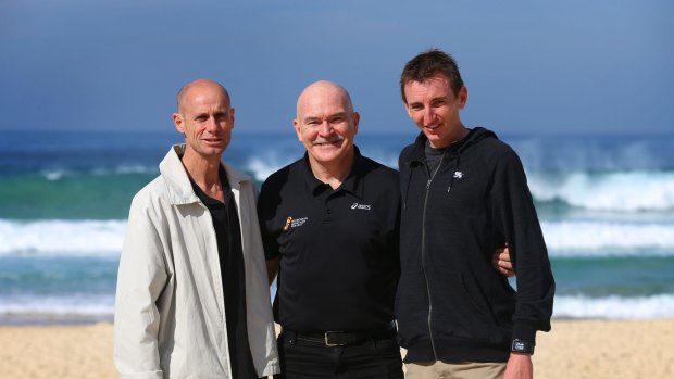Don't forget to look back: Steve Moneghetti, Robert de Castella and Michael Shelley at Bondi Beach before Sunday's 2014 Sun-Herald City2Surf. 