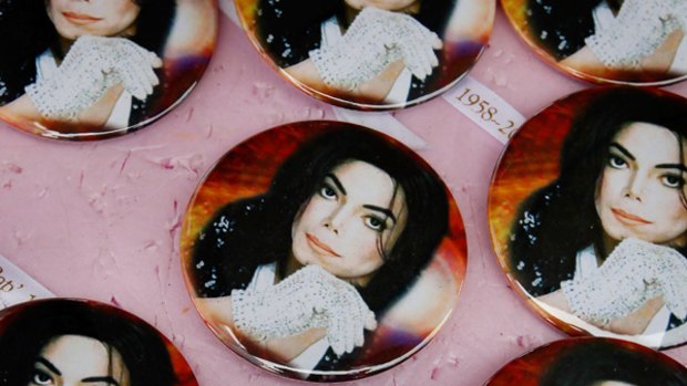 A stall sells Michael Jackson badges near the star's boyhood home in Gary, Indiana.